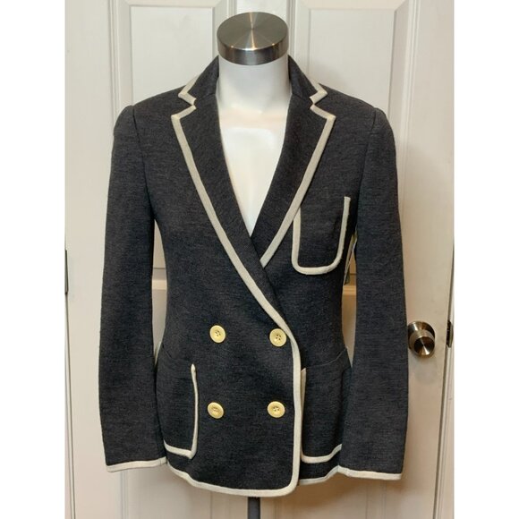 Sacai Gray 100% Wool Double Breasted Blazer W/ White Trim, Size 2 - Picture 1 of 10